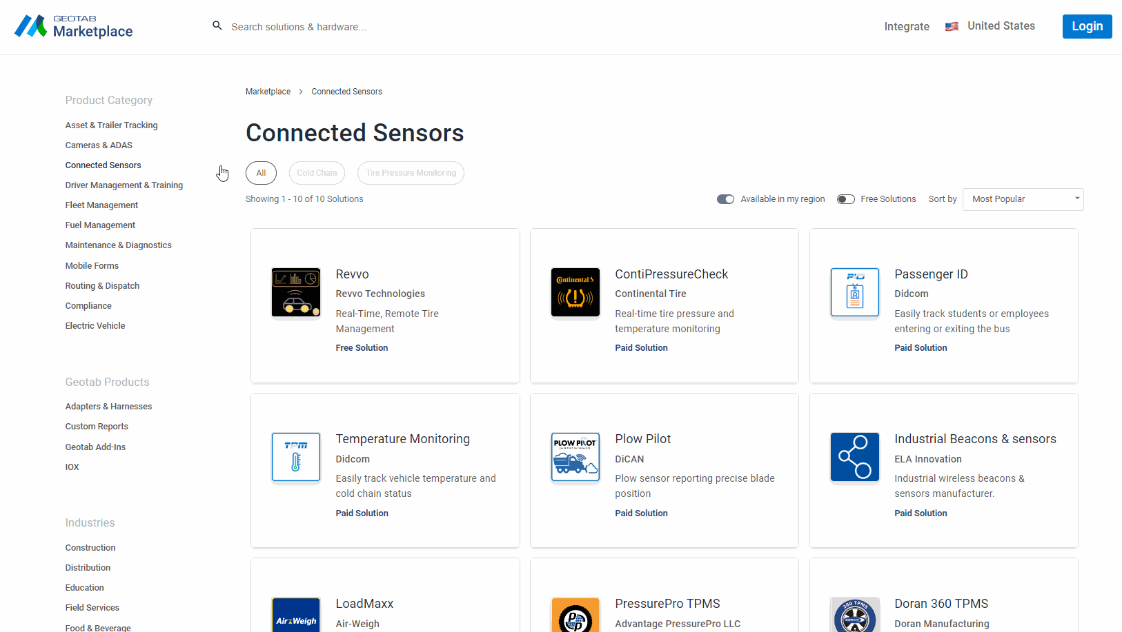 Gif of Marketplace Connected Sensors category page showing solutions being sorted into Cold Chain and Tire Pressure Monitoring sub categories.